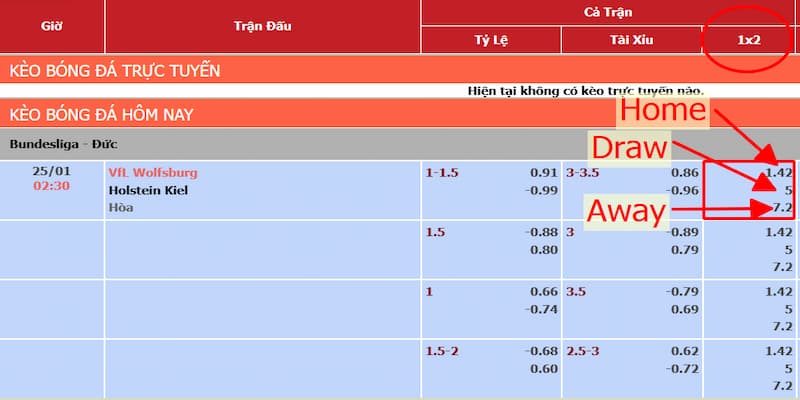 Kèo 1x2 thể hiện ở trận Wolfsburg vs Holstein Kiel